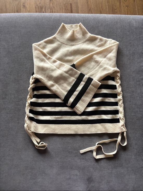 Joie Sweaters - Joie Cream cashmere blend and Black Striped Turtleneck Sweater with Side Ties